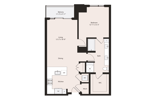 Deco A2-3 floor plan 1 bedroom 1 bathroom 872 square feet